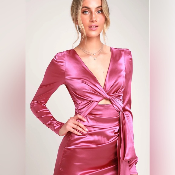 LULUS Sexy Twist Pink Sheen Party Dress Pleated Skirt with Faux Sash - Picture 3 of 13